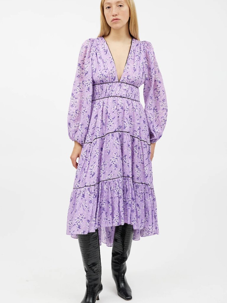 Ulla Johnson Dress Size 12 - Purple & White Floral Ruffled Dress